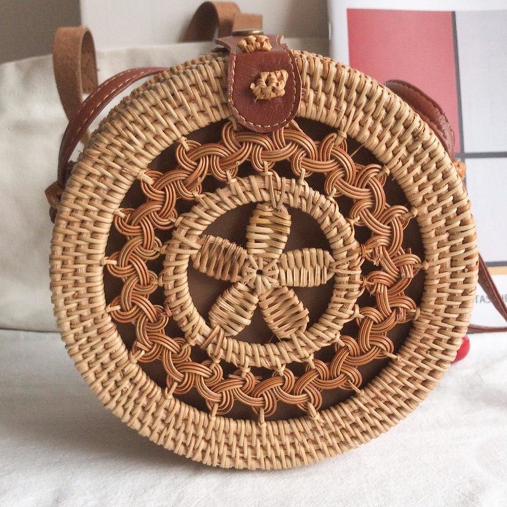 Handwoven Round Rattan Purse With Leather Strap Boho Straw Crossbody :O - Picture 5 of 8